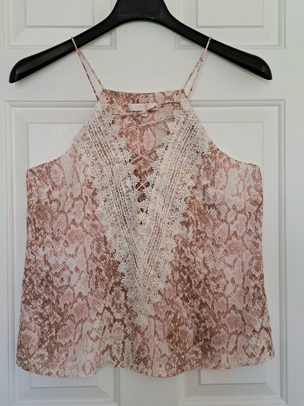 Wayf Pink and Brown Snake Print Lace-Trim Halter Cami